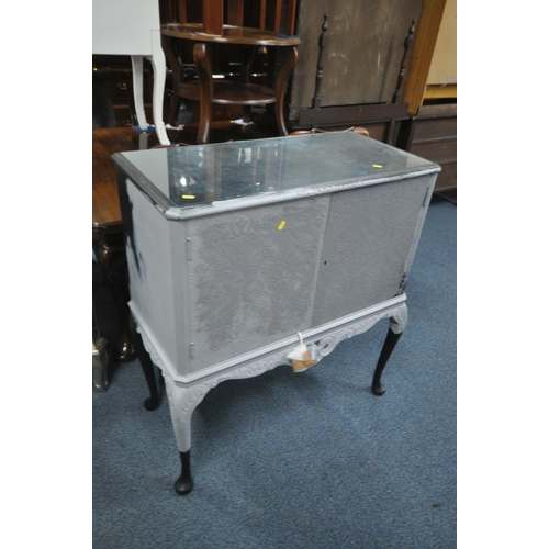 1265 - A SILVER PAINTED AND MIRRORED FOUR DOOR SIDEBOARD, width 136cm x depth 40cm x height 93cm, along wit... 