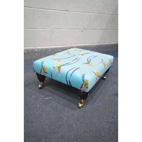 1266 - A REUPHOLSTERED HUMMINGBIRD WING BACK ARMCHAIR, on an aqua blue ground, width 83cm x depth 97cm x he... 