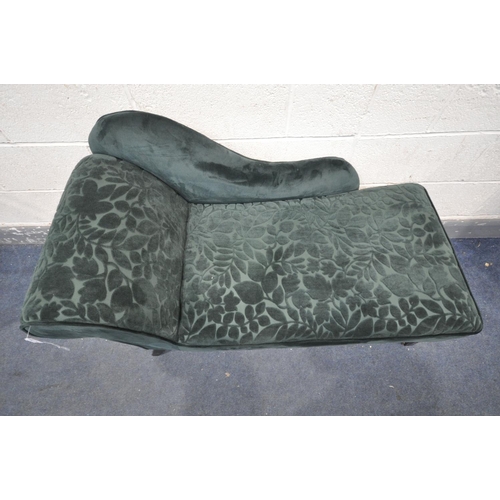 1270 - A MODERN DARK GREEN AND FLORAL CHAISE LOUNGE, on black square tapering legs, length 120cm x depth 57... 