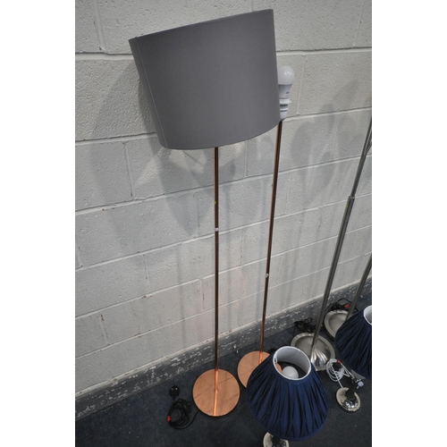 1272 - A PAIR OF ROSE GOLD EFFECT STANDARD LAMPS, one with shade, a pair of three branch standard lamps, an... 