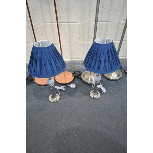 1272 - A PAIR OF ROSE GOLD EFFECT STANDARD LAMPS, one with shade, a pair of three branch standard lamps, an... 