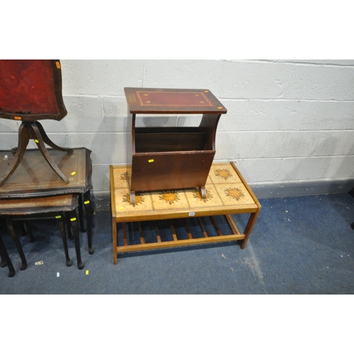 1293 - A 20TH CENTURY TILE TOP TABLE, with a slatted undershelf, a mahogany nest of tables with glass inser... 