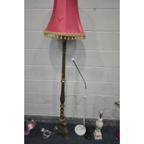 1294 - A SELECTION OF LAMPS, to include a red painted angle poise style lamp, a chrome standard lamp, a gil... 