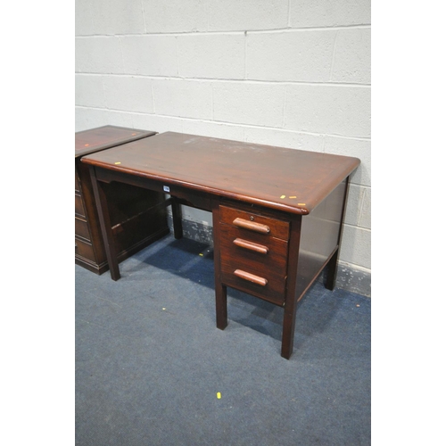 1296 - A 1940'S OAK DESK, with three drawers, width 122cm x depth 69cm x height 76cm, and a mahogany two dr... 