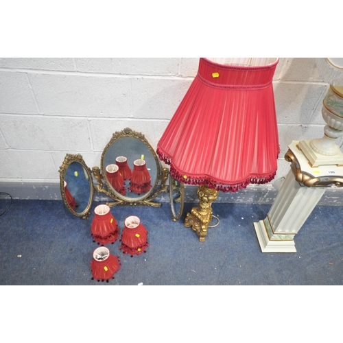 1305 - A GILT TABLE LAMP, a cream finish floral table lamp and matching Corinthian column, a brass table la... 