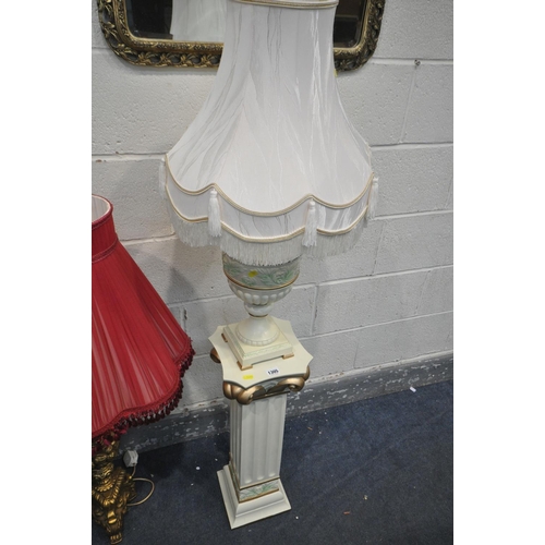 1305 - A GILT TABLE LAMP, a cream finish floral table lamp and matching Corinthian column, a brass table la... 