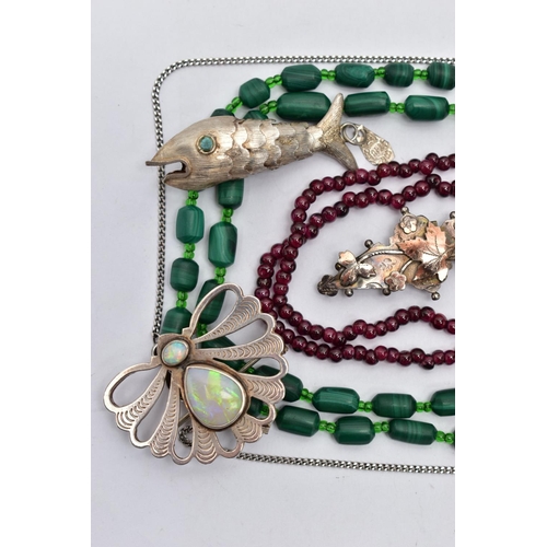 10 - A SELECTION OF WHITE METAL AND GEMSTONE BEAD JEWELLERY, to include a Victorian gold and silver flora... 