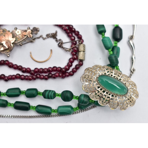 10 - A SELECTION OF WHITE METAL AND GEMSTONE BEAD JEWELLERY, to include a Victorian gold and silver flora... 