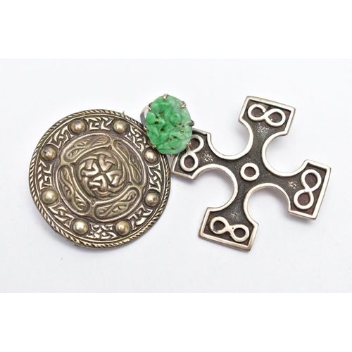 11 - TWO SCOTTISH SILVER BROOCHES, the first a silver cross, detailed with four infinity symbols, approxi... 