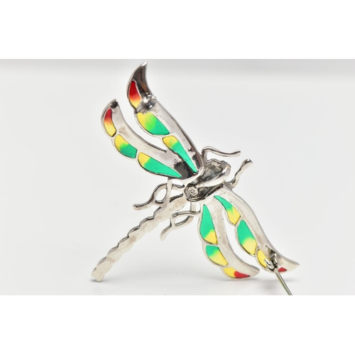 13 - A WHITE METAL, PLIQUE A JOUR DRAGONFLY BROOCH, marcasite set body and eyes with green, yellow and re... 