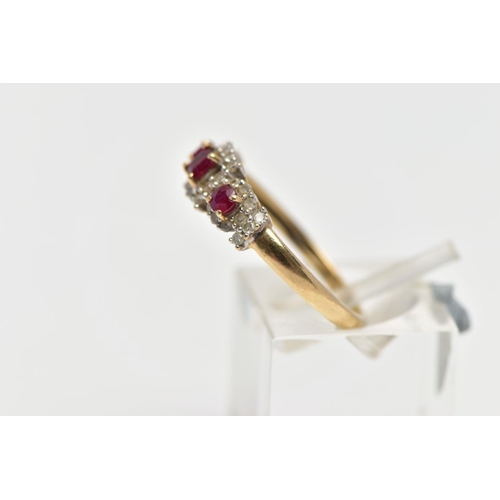 15 - A 9CT GOLD RUBY AND DIAMOND RING, designed as three clusters, the centrally cluster set with a squar... 