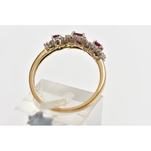 15 - A 9CT GOLD RUBY AND DIAMOND RING, designed as three clusters, the centrally cluster set with a squar... 