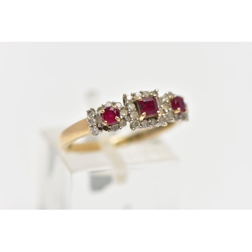 15 - A 9CT GOLD RUBY AND DIAMOND RING, designed as three clusters, the centrally cluster set with a squar... 