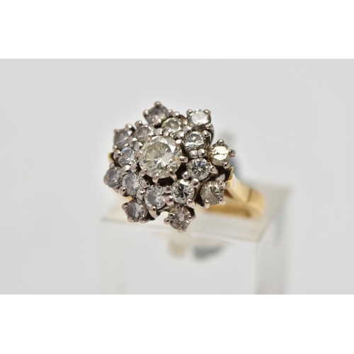 2 - AN 18CT GOLD DIAMOND CLUSTER RING, the brilliant cut central diamond measuring approximately 4.8mm, ... 