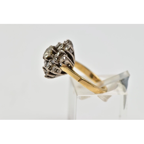 2 - AN 18CT GOLD DIAMOND CLUSTER RING, the brilliant cut central diamond measuring approximately 4.8mm, ... 