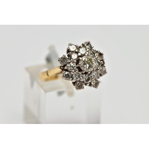 2 - AN 18CT GOLD DIAMOND CLUSTER RING, the brilliant cut central diamond measuring approximately 4.8mm, ... 