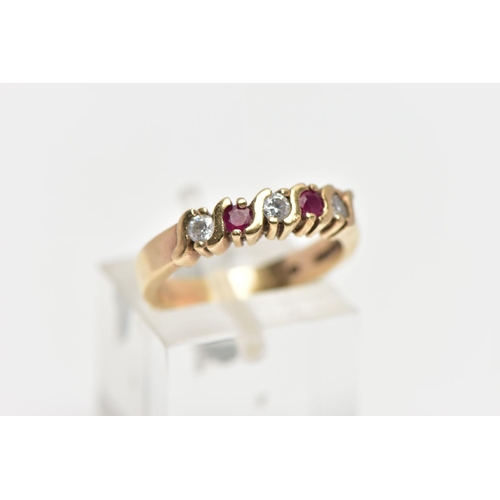 20 - A 9CT GOLD RUBY AND CUBIC ZIRCONIA FIVE STONE RING, set with two circular cut rubies, interspaced wi... 