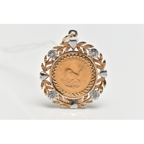 21 - A YELLOW AND WHITE 9CT GOLD DIAMOND SET PENDANT MOUNTED WITH A 1/10 OZ KRUGERRAND, the pendant set w... 