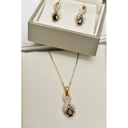 25 - A 9CT YELLOW GOLD SAPPHIRE AND DIAMOND NECKLACE AND EARRING SET, TOGETHER WITH A PASTE BUG PENDANT A... 