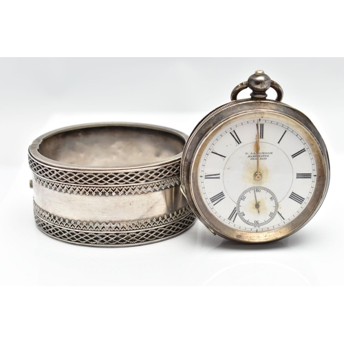 27 - A SILVER POCKET WATCH AND WHITE METAL BANGLE, the first a silver open face pocket watch, the white c... 