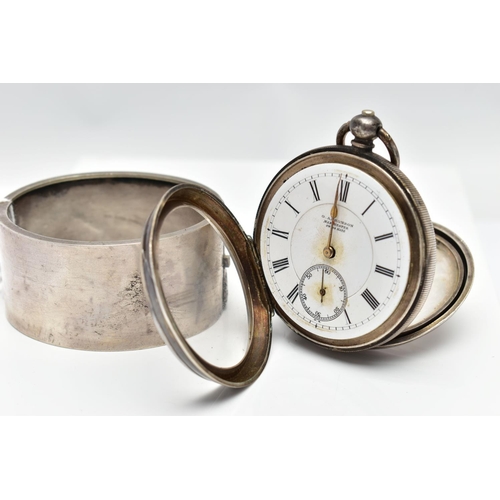 27 - A SILVER POCKET WATCH AND WHITE METAL BANGLE, the first a silver open face pocket watch, the white c... 