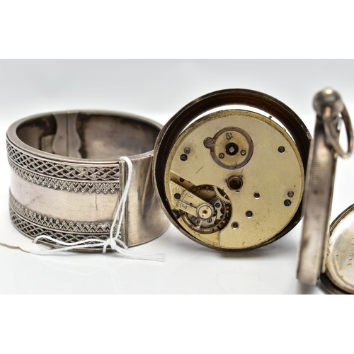 27 - A SILVER POCKET WATCH AND WHITE METAL BANGLE, the first a silver open face pocket watch, the white c... 