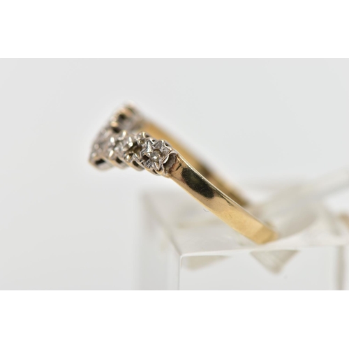 29 - A 9CT GOLD DIAMOND WISHBONE RING, designed as a series of illusion set diamonds, one diamond missing... 