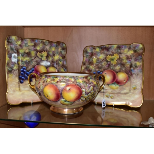 327 - THREE PIECES OF HAND-PAINTED CHINA BY FORMER ROYAL WORCESTER PAINTER G DELANEY, comprising a twin ha... 