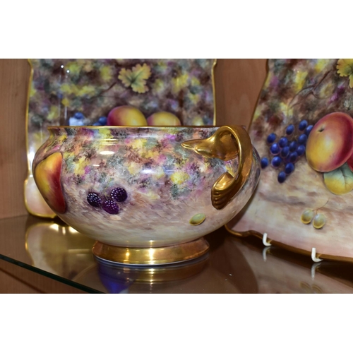 327 - THREE PIECES OF HAND-PAINTED CHINA BY FORMER ROYAL WORCESTER PAINTER G DELANEY, comprising a twin ha... 