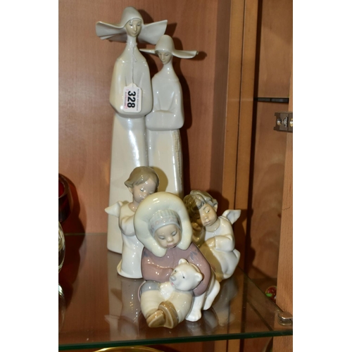 328 - FOUR LLADRO FIGURINES, comprising 'Nuns' 4611, sculptor Fulgencio Garcia, introduced in 1969 retired... 