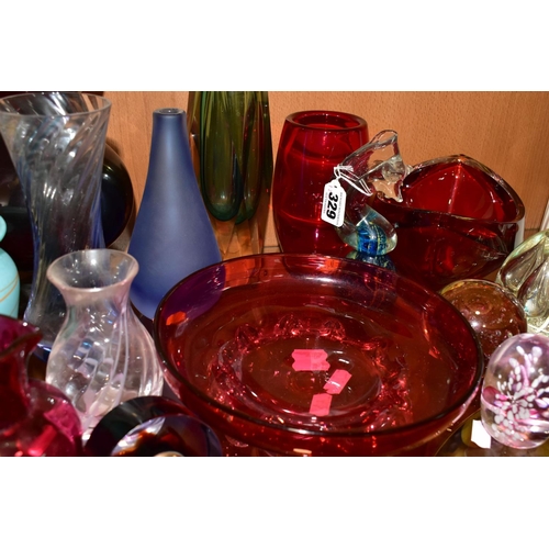 329 - A GROUP OF COLOURED AND DECORATIVE GLASSWARES, twenty one pieces to include Caithness Skyhigh and Se... 