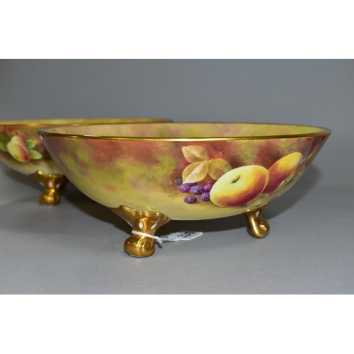 330 - TWO HAND-PAINTED COALPORT FOOTED BOWLS, painted with apples, blackberries and pears, signed F Irving... 