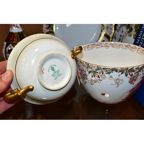 337 - FIVE PIECES OF ROYAL CROWN DERBY PORCELAIN, comprising a twin handled Vine soup bowl, green printed ... 