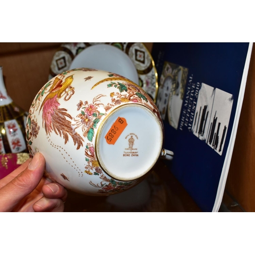 337 - FIVE PIECES OF ROYAL CROWN DERBY PORCELAIN, comprising a twin handled Vine soup bowl, green printed ... 