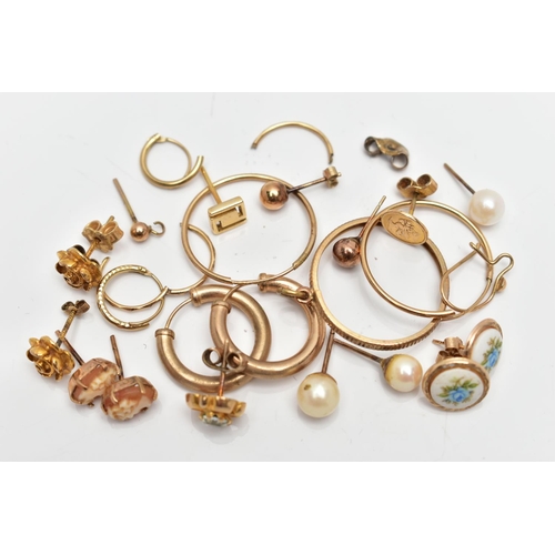 34 - A SELECTION OF GOLD AND YELLOW METAL EARRINGS, to include a pair of 9ct gold cameo stud earrings hal... 