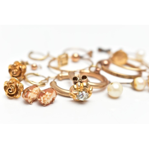 34 - A SELECTION OF GOLD AND YELLOW METAL EARRINGS, to include a pair of 9ct gold cameo stud earrings hal... 