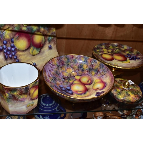 340 - FIVE PIECES OF HAND-PAINTED CHINA BY FORMER ROYAL WORCESTER PAINTER D WILSON, comprising an octagona... 