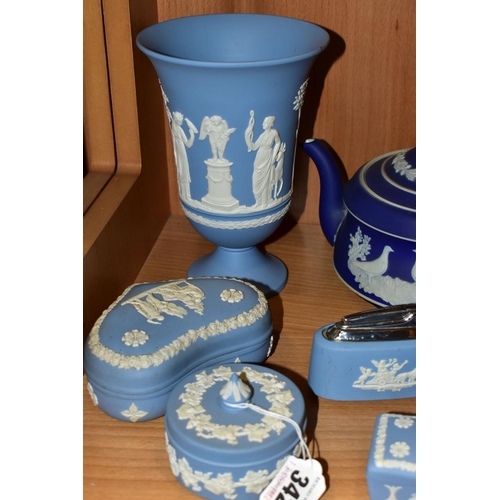 342 - SEVEN PIECES OF WEDGWOOD JASPERWARES, comprising a mid blue dip teapot with applied doves, a pale bl... 