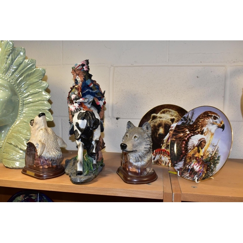 343 - A GROUP OF NATIVE AMERICAN THEMED ORNAMENTS, eight pieces to include a large ceramic green lustre gl... 