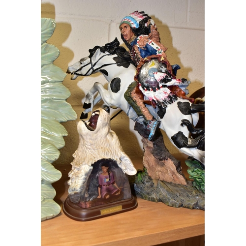 343 - A GROUP OF NATIVE AMERICAN THEMED ORNAMENTS, eight pieces to include a large ceramic green lustre gl... 