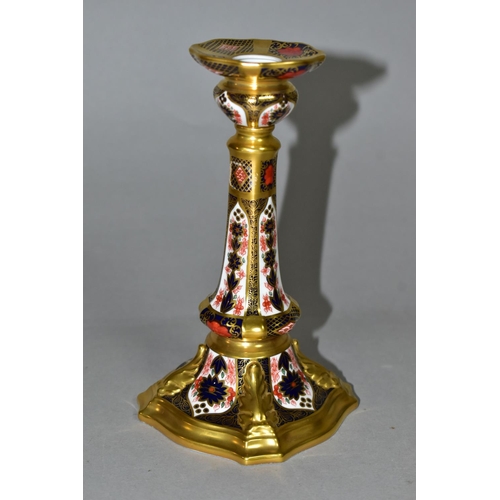 345 - A ROYAL CROWN DERBY OLD IMARI 1128 SOLID GOLD BAND CASTLETON CANDLESTICK, heavily gilded with leaf d... 