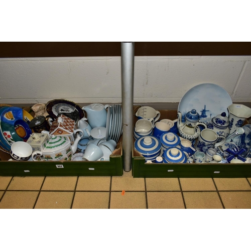 357 - TWO BOXES OF CERAMICS, to include TG Green Cornish Ware dishes, measuring jug, mug and assorted lids... 