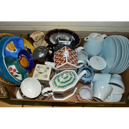 357 - TWO BOXES OF CERAMICS, to include TG Green Cornish Ware dishes, measuring jug, mug and assorted lids... 