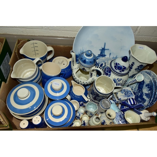 357 - TWO BOXES OF CERAMICS, to include TG Green Cornish Ware dishes, measuring jug, mug and assorted lids... 