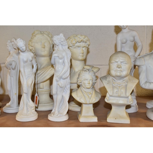 358 - A GROUP OF FIGURES AND BUSTS, fourteen pieces to include busts of Nelson, height 27.5cm (crack to ba... 