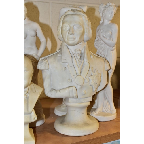 358 - A GROUP OF FIGURES AND BUSTS, fourteen pieces to include busts of Nelson, height 27.5cm (crack to ba... 