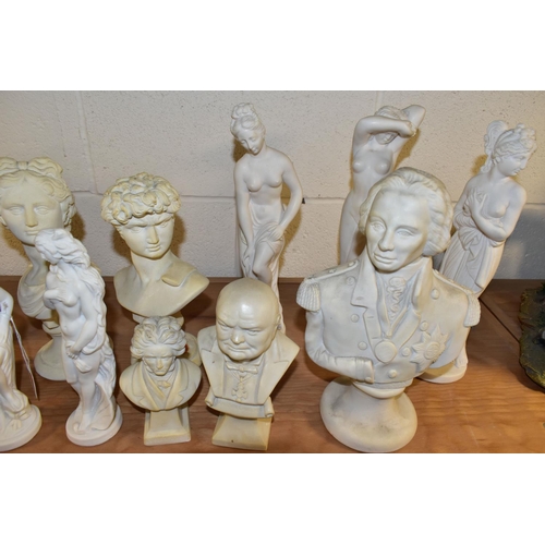 358 - A GROUP OF FIGURES AND BUSTS, fourteen pieces to include busts of Nelson, height 27.5cm (crack to ba... 