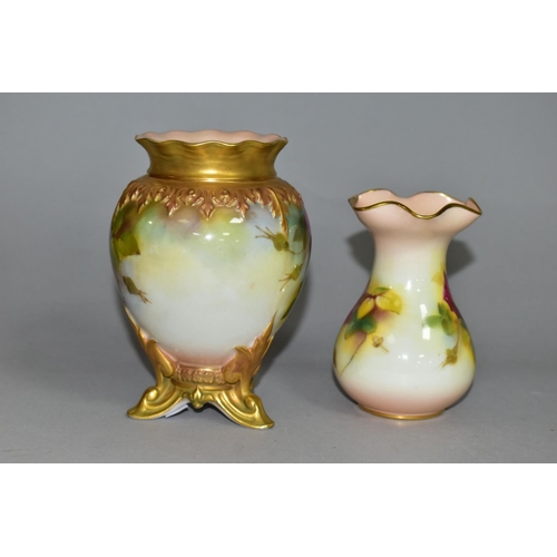 388 - TWO ROYAL WORCESTER VASES, painted with roses, comprising a small vase with wavy gilt rim, shape no ... 