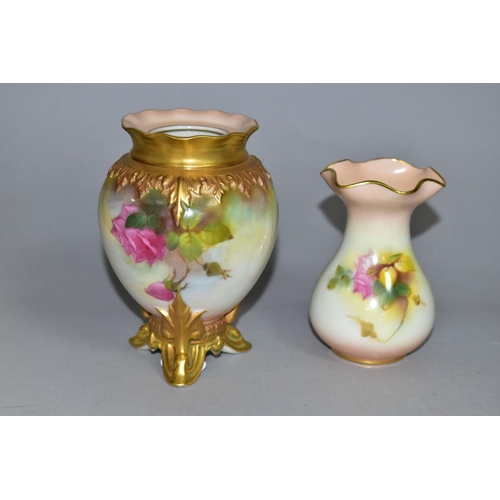 388 - TWO ROYAL WORCESTER VASES, painted with roses, comprising a small vase with wavy gilt rim, shape no ... 