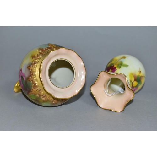 388 - TWO ROYAL WORCESTER VASES, painted with roses, comprising a small vase with wavy gilt rim, shape no ... 